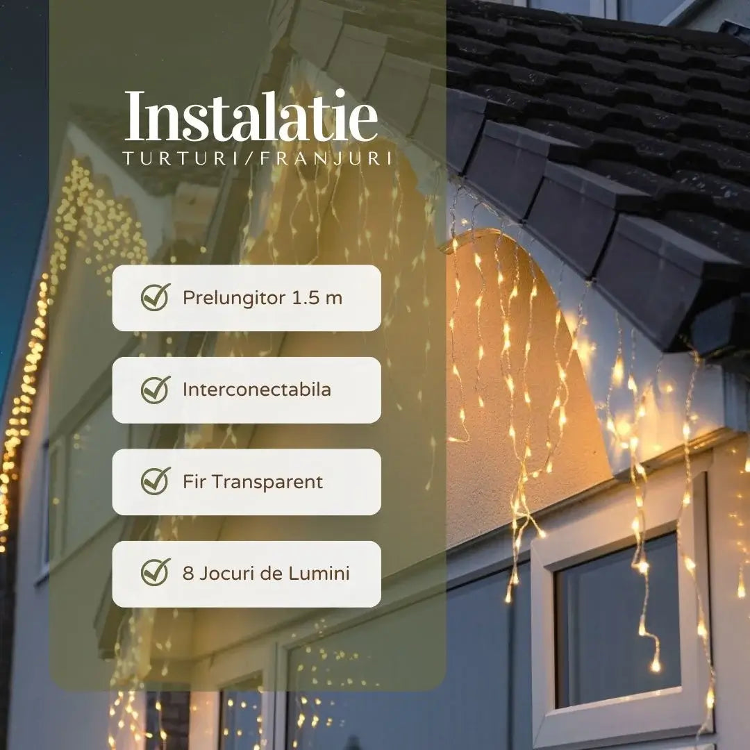 Instalație Crăciun tip franjuri / turturi – alb cald, fir transparent, 8 moduri de lumină, interconectabilă, interior/exterior