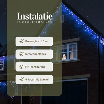 Instalație Crăciun tip franjuri / turturi – albastru, fir transparent, 8 moduri de lumină, interconectabilă, interior/exterior