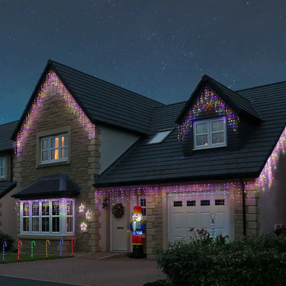 Instalație Crăciun tip franjuri / turturi – multicolor, fir transparent, 8 moduri de lumină, interconectabilă, interior/exterior, priza