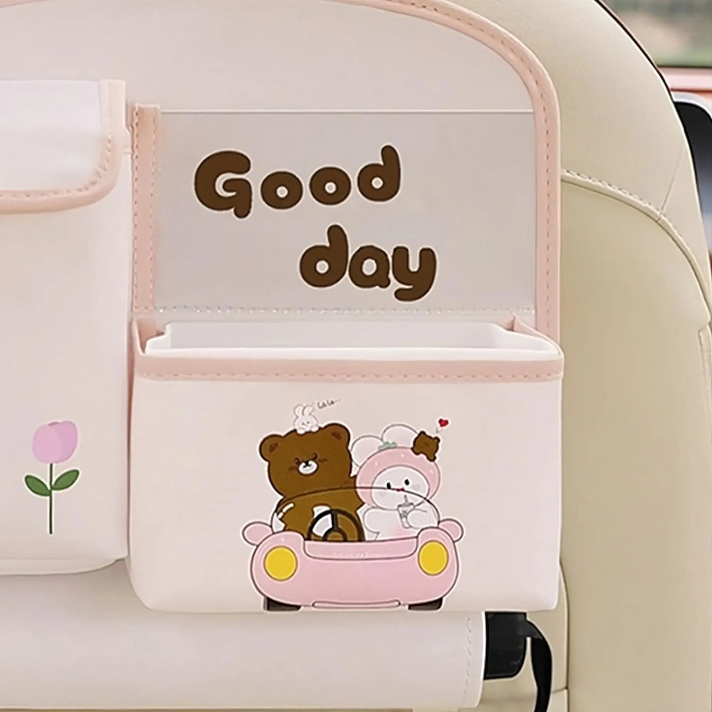 Geantă multifuncțională de depozitare pentru bancheta din spate 25×31 cm – model ursuleți, suport șervețele & telefon, roz