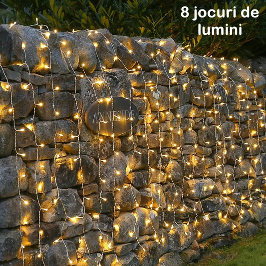 Instalație Crăciun tip perdea LED – 8 jocuri de lumină, fir transparent, alb cald, interior/exterior