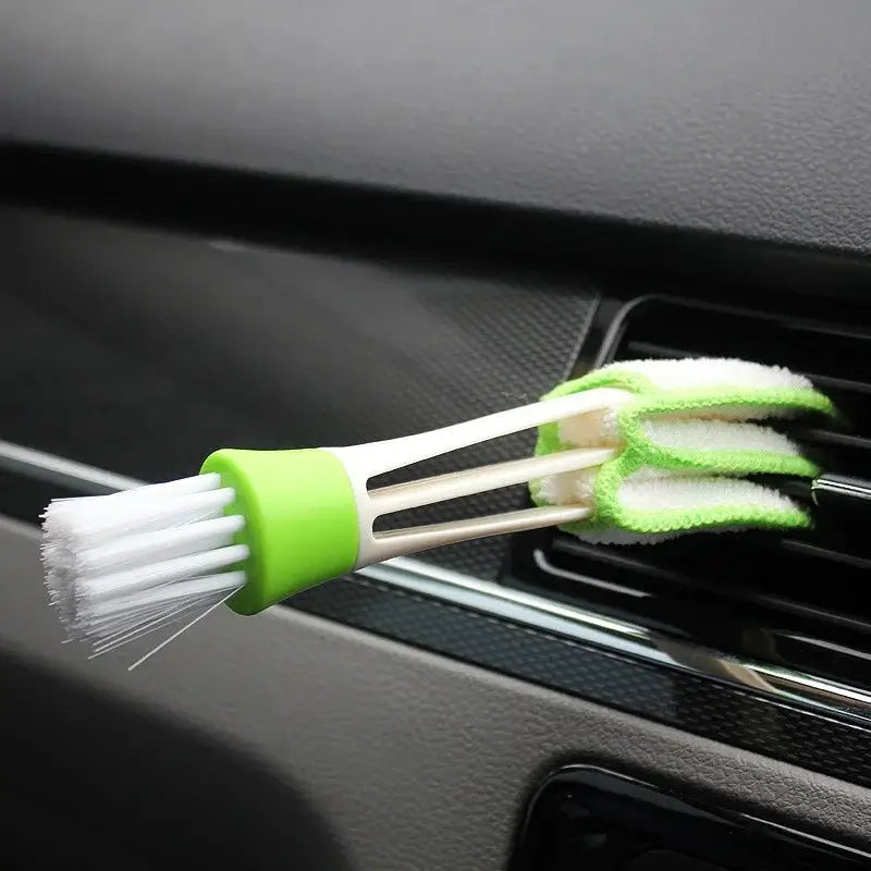Perie curățare ventilație auto – 2 capete, microfibră moale, alb-verde, 16–25 cm