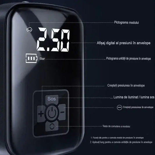 Pompa de aer wireless portabilă 150 PSI – acumulator 2000 mAh, afişaj digital, pentru anvelope și mingi (negru)