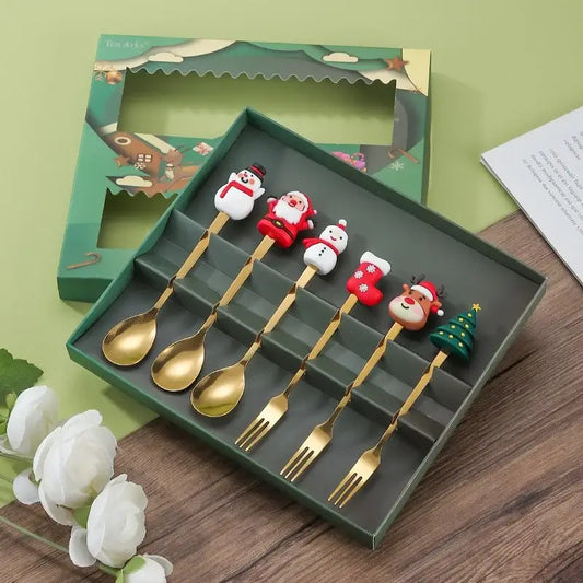 Set 6 tacâmuri Crăciun – linguri şi furculiţe inox cu figurine tematice, cutie-cadou