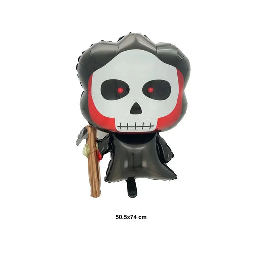 Set 5 baloane folie metalizată – temă Halloween, figurina craniu 50,5×74 cm + stelute & cerculete, alb-negru