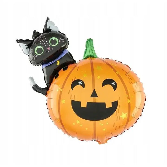 Set 5 baloane folie metalizată – Halloween multicolor, umflare aer sau heliu, figurina dovleac + pisică 84×69 cm + stelute & cerculete