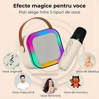 Sistem karaoke cu boxă, microfon și fir, funcționare USB, 9×14 cm