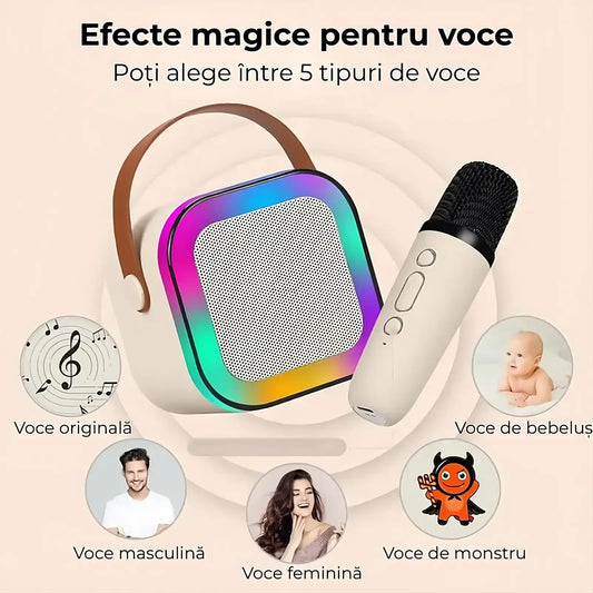 Sistem karaoke cu boxă, microfon și fir, funcționare USB, 9×14 cm