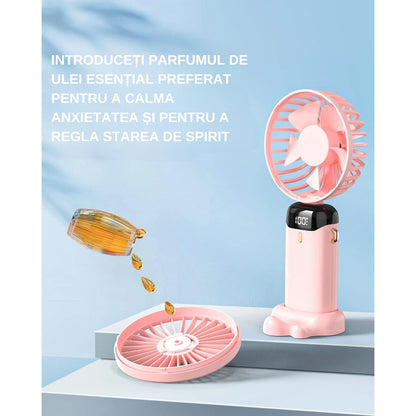 Ventilator Ultra Portabil 3 in 1 cu Aromaterapie, Ecran LCD, 5 Viteze, USB-C, Autonomie 12 Ore, Pliabil, Roz